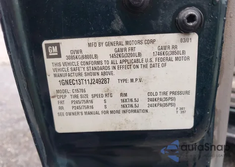 2001 Chevrolet Tahoe Lt из США, поврежденный, VIN 1GNEC13T11J249287